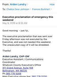 Selected email from Whatcom County personnel regarding Proclamation of Emergency for the May 2016 Lynden Trump Rally